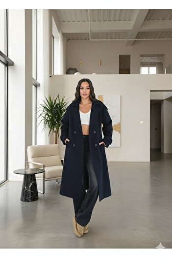 Behills Women's Navy Blue Cashmere Coat Long Winter Belted Stylish Overcoat Jacket