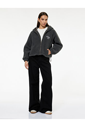 Koton Oversize Hooded Embroidered Zippered Plush Jacket