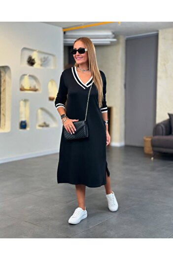 JANES Women's Long Sleeve V Ribbed Neckline Side Slit Midi Viscose Two Thread Dress