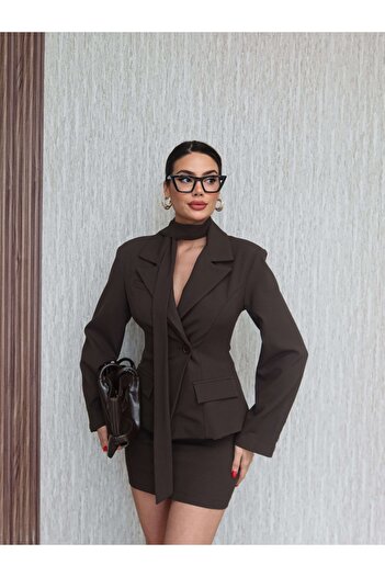 ESRAHELVACI Belted Double-Breasted Collared Skirted Jacket Set