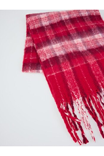 Jimmy Key Red Plaid Patterned Scarf with Tassel Detail