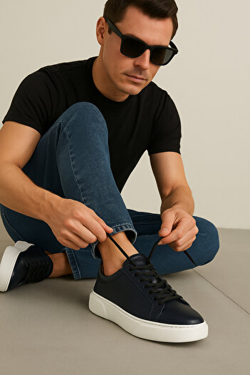 MAKRAS 777 Tommy Genuine Leather Tommy Casual Sneaker Daily Shoes Navy Blue White