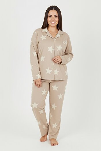 Bravie Luxury Soft Beige Star Patterned Long Sleeve Women's Pajama Set – Plus Size 3011