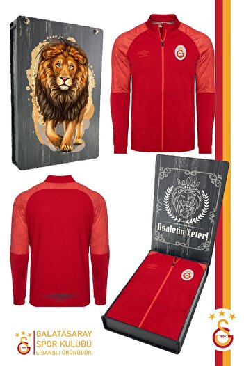 Galatasaray Original Licensed Full Zipper Stand Collar Red Sweatshirt with Wooden Box