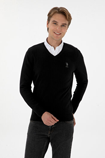 U.S. Polo Assn. Men's Black V-Neck Sweater with Embroidered Logo