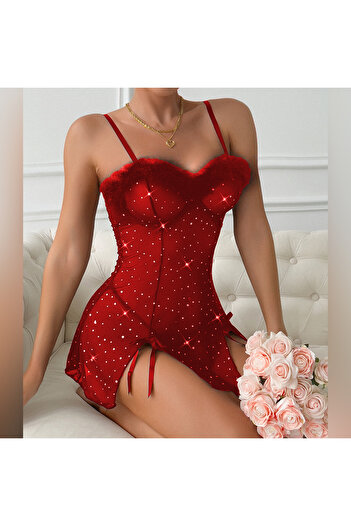 my cherie Tulle Shimmering Plush Detailed Mini Nightgown String Set Red