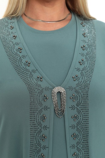TRENDSE Women's Mother's Inlaid Inside-Out Suit with Stones, Brooch, Wedding Chic Suit