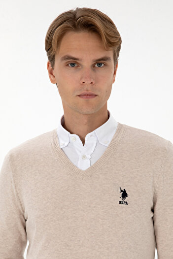 U.S. Polo Assn. Men's Beige Sweater With V-Neck And Embroidered Logo