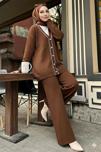 benguen Striped Detailed Knitwear Jacket Set H25302 Brown