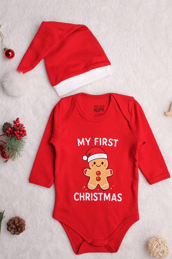 Mini Ropa Baby Christmas-Christmas Themed Organic Body & Hat Set Unisex Red