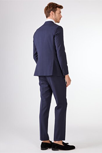 Dufy Navy Blue Solid Color Wool Slim Fit Men's Suit