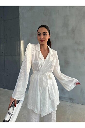 Butik Viscose Jacquard Binding Shirt - Pants Suit - White