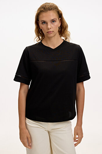 Allyco Openwork Detailed Crew Neck Regular Knitted Black T-Shirt