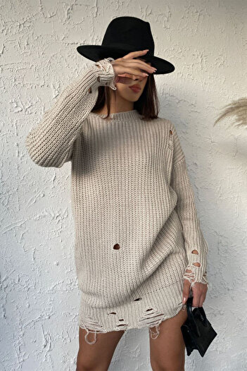 FashionForYou Laura long knitted sweater with cutouts, cream, /
