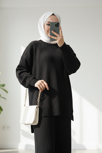 MODAQU Tunic with Skirt and Hijab Knitwear Set - Black
