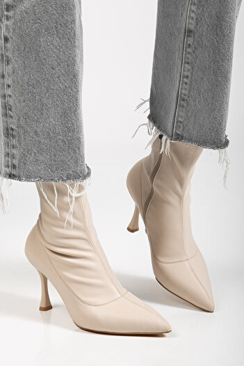 RİSSOLİ Women's Beige Stretch Leather Side Zipper Pointed Toe Thin Heeled Boots