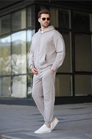 Madmext Painted Gray Hooded Zippered Basic Men's Tracksuit Set E7331