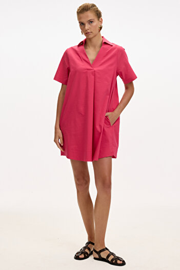 Allyco V-Neck Short Sleeve Fuchsia Shirt Dress