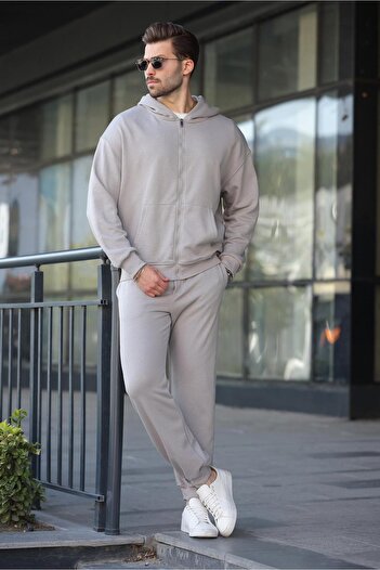 Madmext Painted Gray Hooded Zippered Basic Men's Tracksuit Set E7331