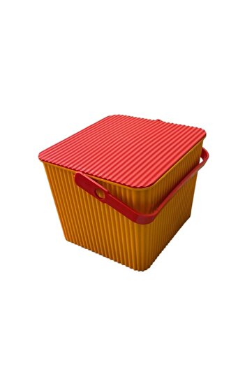 Saban Yellow - Red, Square Serrated Plastic Cleaning Bucket – with Handle, Portable, Toy Bucket, Flower Pot 11