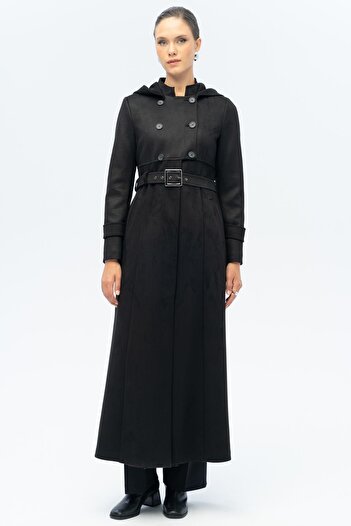 Olcay Hooded Garni Detailed Suede Look Top Coat Black 6677