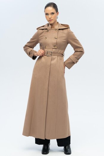 Olcay Hooded Garni Detailed Suede Look Overcoat K. Kamel 6677