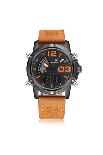 Naviforce Men's Wristwatch Leather Digital Analog Quartz Stopwatch Brown