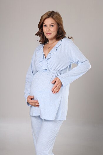 BLACKMORE Women's Blue Melange Ruffled Double-Breasted Maternity Pajama Set with Dressing Gown, 3-Piece