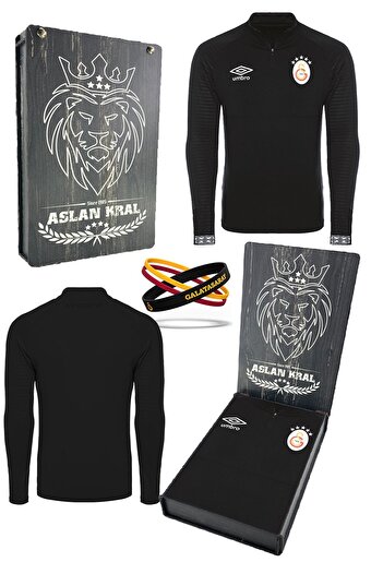 Galatasaray Original Licensed Half Zipper 5 Star Black Sweat + Silicone Bracelet Set