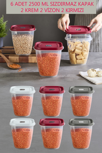 ORSA HOME 282 6 Pieces 2500 ml Leak-Proof Lid Food Storage Container (2 Cream 2 Mink 2 Red)