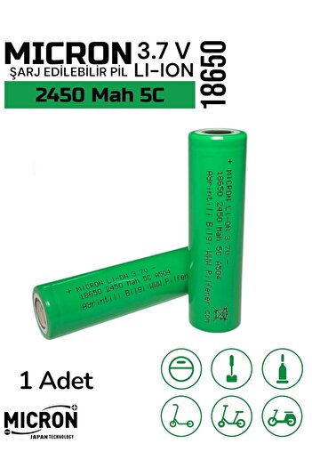 Micron 18650 3.7V (Volt) 2450 MaH 5C Lityum Şarj edilebilir 1 Adet Pil(Batarya) Pil Kutusu Hediyeli