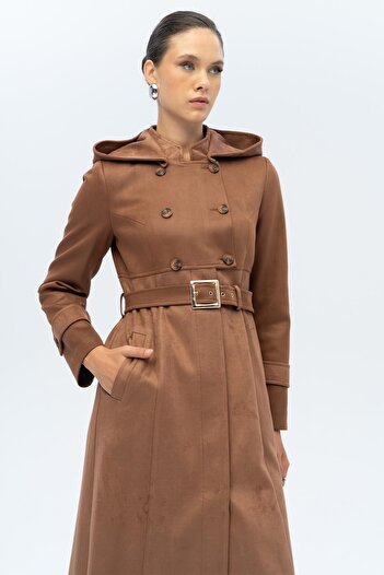 Olcay Hooded Garni Detailed Suede Look Overcoat Taba 6677