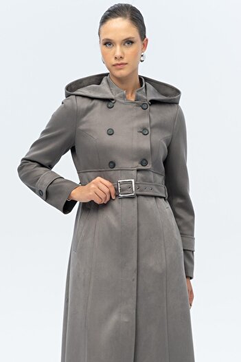 Olcay Hooded Garni Detailed Suede Look Overcoat Gray 6677
