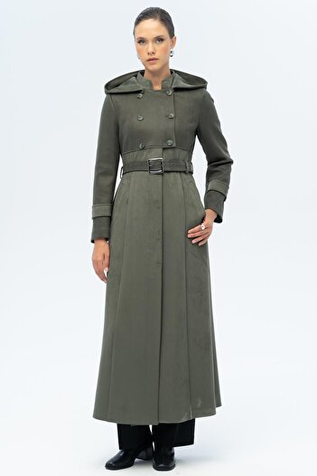 Olcay Hooded Garni Detailed Suede Look Overcoat A.Haki 6677