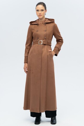 Olcay Hooded Garni Detailed Suede Look Overcoat Taba 6677