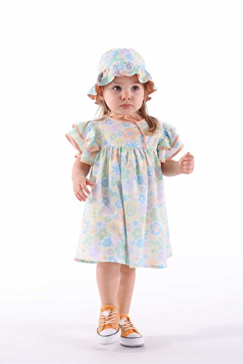 Ozmoz By Mukadder Özden Floral Summer Little Girl's Dress with Fly Sleeves and Panty Set