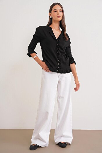 Mixray 6964 Women's Plain Ruffled Buttoned Cardigan Black