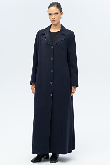Olcay Coat with Collar Brooch Detail, Lined, Large Size Overcoat, Dark Blue 6691-A