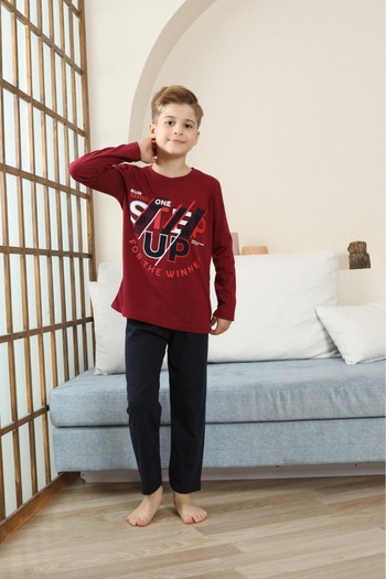 LİLA İÇ GİYİM Boys' Printed Detail Long Sleeve Burgundy Pajama Set