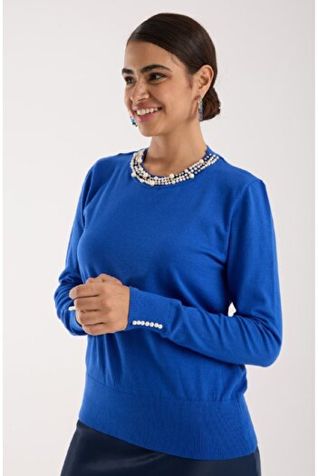 Coşkun GİYİM Women's Collar and Cuffs Pearl Detailed Crew Neck Sweater Blue 31189