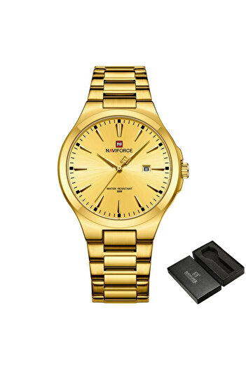 Naviforce Business Men's Watch Steel Gold Quartz Analog Digital Date