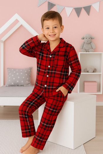 zahider Boy's Plaid Suede Cotton Button-Down Shirt Collar Pajama Set