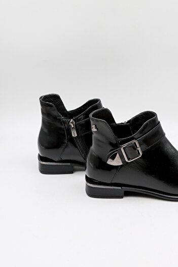 Venüs Women's Genuine Leather Side Buckle Detailed Boots 2050108K - Black Patent Leather - 36