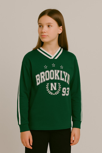 BEGBOR LİNGERİE Unisex Kids College Collar Brooklyn 93 Printed Sweatshirt - Green