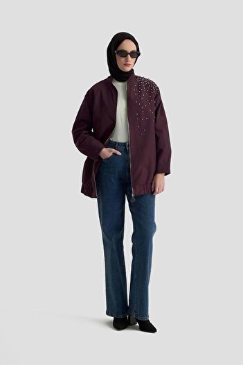Armine Stone Detailed Zippered Bomber Jacket 25Kt518 - Cherry