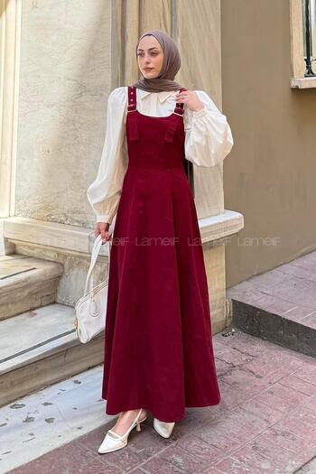 lamelif Strapped Gabardine Hijab Gilet Burgundy