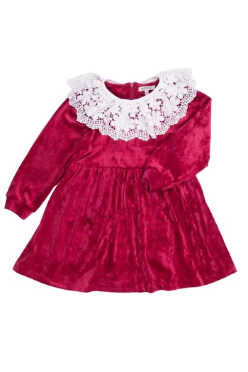 Ozmoz By Mukadder Özden Lace Collar Soft Burgundy Velvet Little Girl Dress