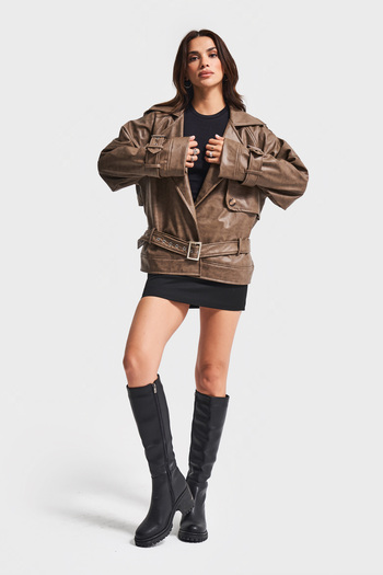 its basic Women's Brown W5-16 Special Wash Loose Fit Leather Fabric Design Jacket