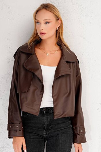 VAGGON Women's Bitter Brown Belt Detailed Double Breasted Collar Faux Leather Jacket Vs01271