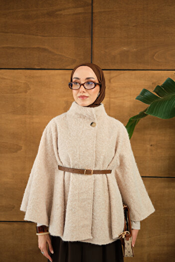 LOCCO Women's Belt Detailed Poncho Cream